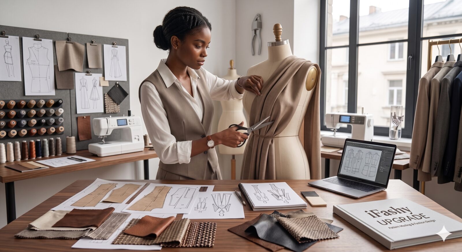 Designer at the iFashy atelier — fitting fabric onto a dress form